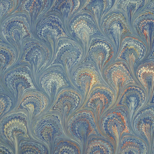 Hand Marbled Paper Peacock Pattern in Blue with Orange ~ Berretti Marbled Arts